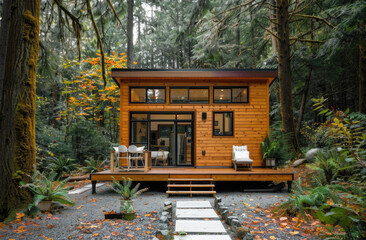 Wall Mural - a tiny house with an open deck and front door, in the woods of Washington state, the exterior is made from wood planks, with white windows