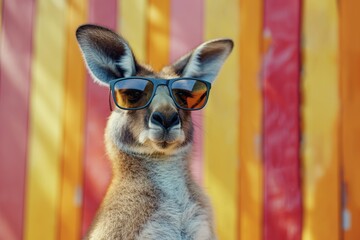 Kangaroo wears black sunglasses on colorful striped background. Confident marsupial stands out against vibrant wall with red orange, yellow stripes. Stand out in studio setting.