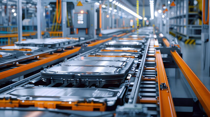 Wall Mural - electric car battery production line in a modern factory setting with conveyor belt and row of batte