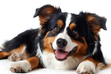 Wall Mural - Cheerful happy puppy on white background, expressing joy and playfulness.