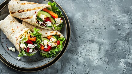 Two fresh vegetable wraps with feta cheese on a textured stone plate, showcasing a healthy and wholesome meal option for modern lifestyles.