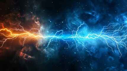 An electric bolt clash with dynamic blue and orange energy in a dark space, showcasing the raw power and forces of nature in a captivating visual.
