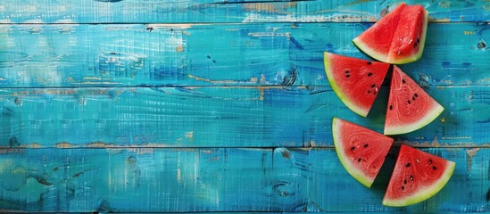 Wall Mural - Watermelon slices on blue wooden surface seen from above with space for text. 