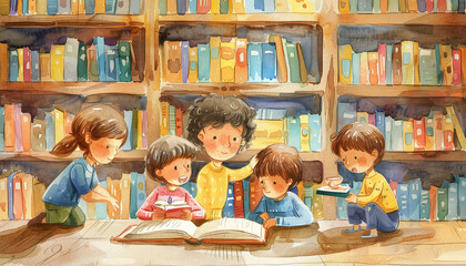 A group of children are sitting at a table in a library