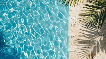 Wall Mural - The image presents a serene swimming pool area bordered by palm trees, capturing a tropical and relaxing ambiance, perfect for a peaceful retreat and leisure activities.