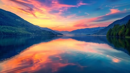 Wall Mural - A serene lake reflecting the colors of the sunset.