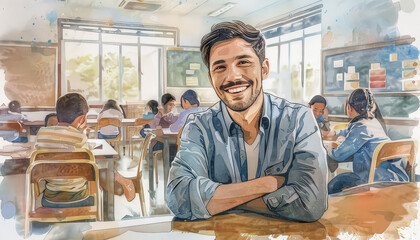 Wall Mural - A man is smiling in a classroom with other students