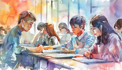 Wall Mural - A group of students are sitting at a table in a classroom