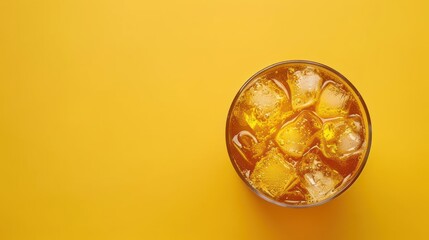 Wall Mural - Orange Soda with Ice in a Glass on Yellow Background