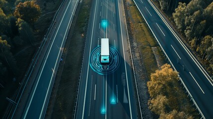 A white autonomous truck drives along a highway, highlighted by digital driving aids and futuristic elements, symbolizing advancements in modern transportation and logistics.