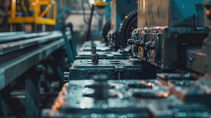 This detailed image focuses on a segment of industrial machinery in a factory, highlighting the advanced engineering and robust mechanical parts essential for manufacturing.