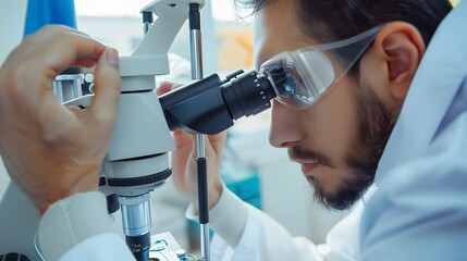 Wall Mural - male scientist intently focuses on microscope in modern lab, conducting research and experiments.
