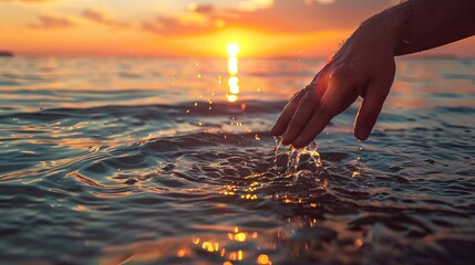 Wall Mural - A serene image featuring a hand skimming the water's surface with a vibrant sunset in the background, evoking tranquility and peace.