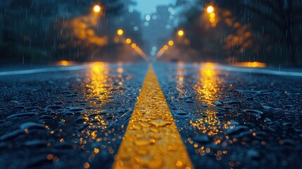 Wall Mural - A blurry shot of a city street with rain and lights