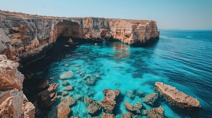 Wall Mural - A beautiful blue ocean with a rocky shoreline. The water is clear and calm, and the rocks are scattered throughout the area. The scene is peaceful and serene