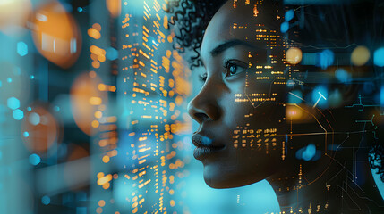 Wall Mural - ai cyber security concept. black female it computer specialist analysing artificial intelligence cyb