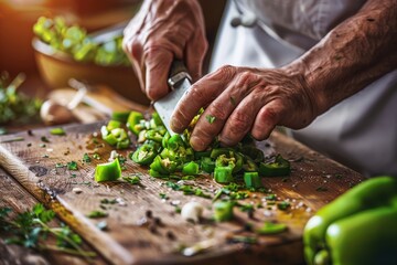 Wall Mural - Closeup of chef's hands chopping green peppers on a wooden cutting board