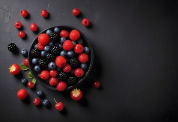 Variety of fresh berries over a dark grey stone surface background, macro, isolated, HD, raspberry, strawberry, carnberry, blueberry, blackberry, cloudberry, grape
