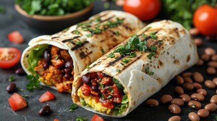 Delicious grilled burritos filled with beans, rice, and fresh vegetables, perfect for a healthy and flavorful meal option.