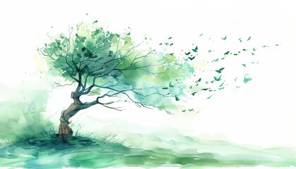 Canvas Print - A tree with a long, thin trunk and a lot of leaves blowing in the wind