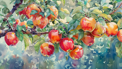 Wall Mural - A painting of four apples hanging from a tree