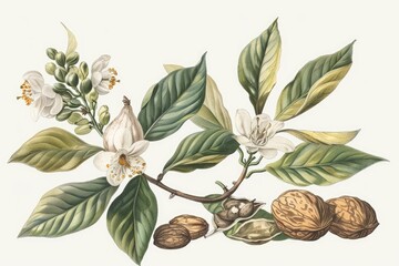 Charming Botanical Illustration of Shea Nut Plant - Detailed Leaves and Nuts Design for Print, Card, Poster