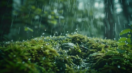 Wall Mural - Rain droplets clinging to forest moss.