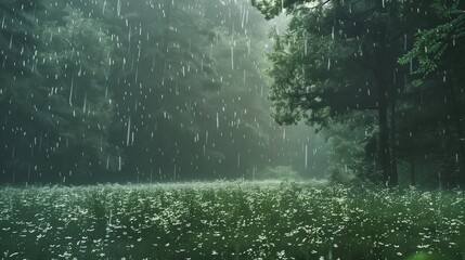 Wall Mural - Rain mist over a forest meadow.