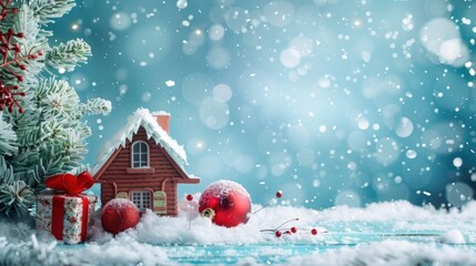Wall Mural - Christmas house with a snow-covered roof around christmas ball, tree and gift box on high glossy blue background. snowflakes flying around, christmas greeting  copy space for text 