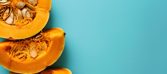 A close-up shot of a ripe pumpkin slice on a blue background