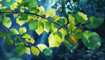 Wall Mural - A painting of a tree branch with leaves in various shades of green