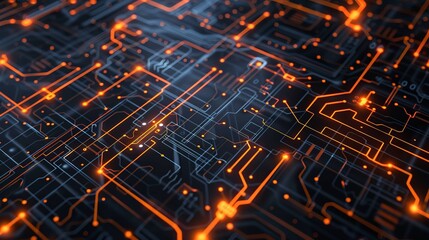 A computer chip with orange and black lines technology background