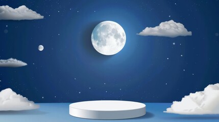 white podium pedestal on a deep blue night sky background with clouds and moon, mockup for product d