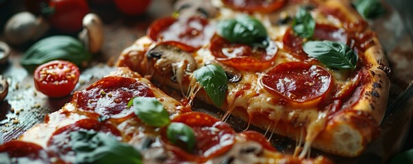 Wall Mural - A slice of pizza with gooey cheese, pepperoni, and mushrooms, dripping with fresh basil leaves.