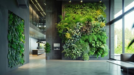 Sticker - Modern gardening landscaping design details. Urban eco friendly vertical garden indoors. Green living wall with perennial plants. Modern open plan area with greenery