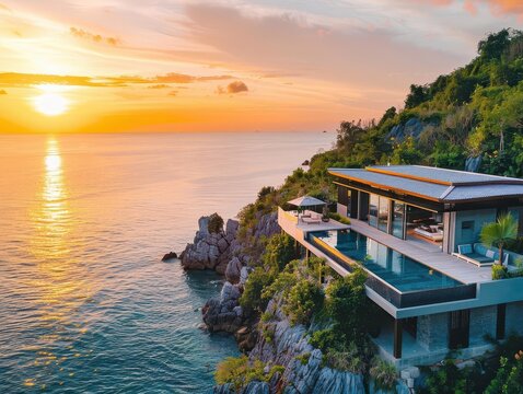 aerial view of ultramodern cliffside villa with infinity pool overlooking turquoise sea nestled in lush tropical landscape under golden sunset