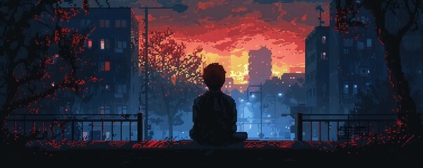 Wall Mural - A pixel art rendition of a person lost in thought, their gaze distant and contemplative.