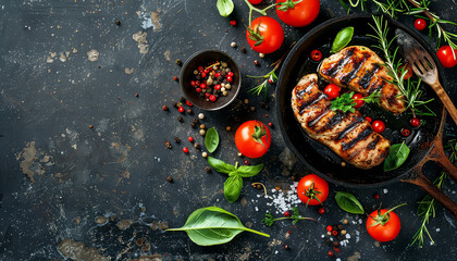 Wall Mural - A plate of grilled chicken and tomatoes with a black pan and a wooden fork