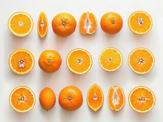 Wall Mural - artistic arrangement of whole and sliced oranges creating abstract circular patterns vibrant citrus colors and textures highlighted against clean white background