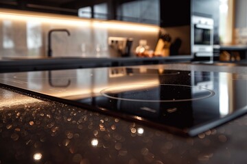 Poster - Modern kitchen interior details. Close up to black glossy induction ceramic hob cooking board on kitchen worktop