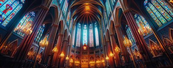 Wall Mural - A majestic cathedral with soaring spires and stained glass windows, its interior filled with a sense of awe and wonder.