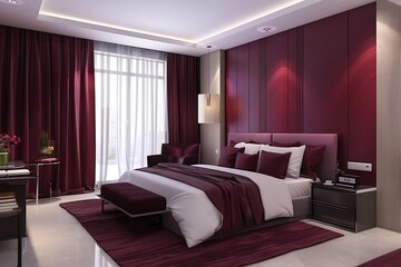 Poster - Modern luxurious contemporary burgundy bedroom interior design. Minimal