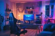 © Boraryn - Modern minimalistic teenager room interior with computer desk and comfortable gamer chair in neon light