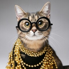 A cute cat wearing gold and black dress with beads, glasses, looking away