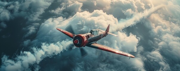 Wall Mural - A vintage airplane soaring through the clouds, leaving a trail of white smoke in its wake.