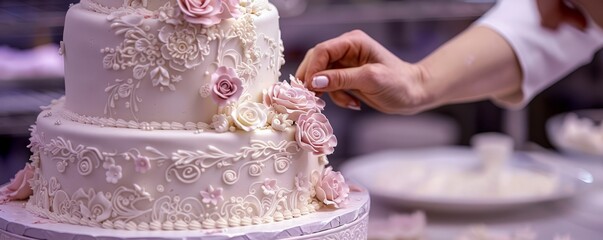 Wall Mural - A baker decorating a wedding cake with elaborate designs and delicate fondant flowers, creating a masterpiece for a special day.