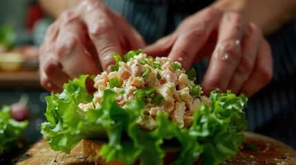 closeup of hands preparing fresh tuna salad sandwich vibrant lettuce leaves and creamy filling rich textures appetizing colors and attention to detail create mouthwatering culinary scene
