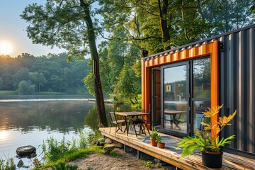 Sticker - Modern shipping container house home, tiny house near lake in sunny day. Shipping container houses is sustainable, eco-friendly living accommodation or holiday home