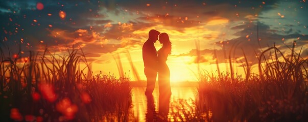 A couple embracing in a romantic sunset, their love evident in their tender gestures and heartfelt expressions.