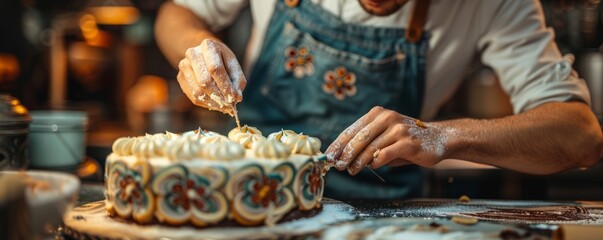 Wall Mural - A baker decorating a cake with intricate designs inspired by art deco motifs, using geometric patterns and metallic accents.